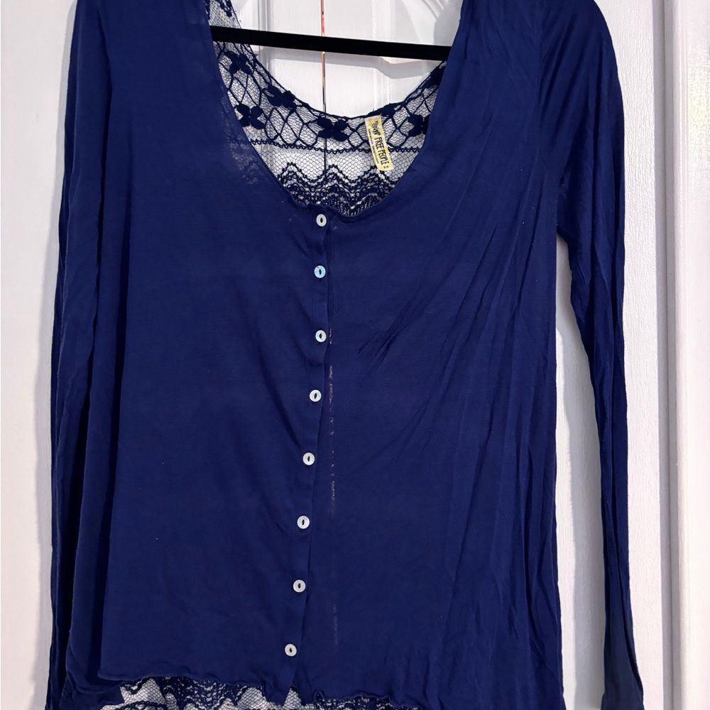 Free People Navy Lace Button-Up Blouse